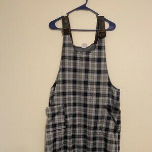 Plaid overall dress with leather straps